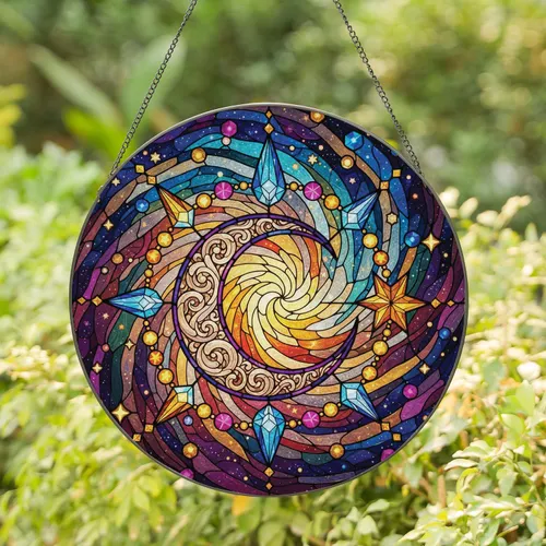 Crescent Moon Crystal Star Cosmic Nebula Home Decor Gift for Space Lover Stained Glass Suncatcher