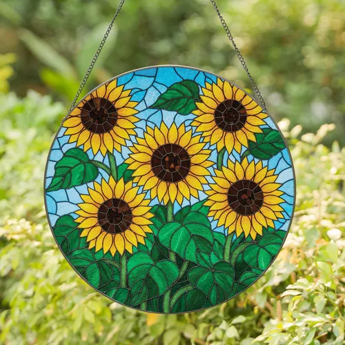 Jewel Tone Sunflowers Green Leaves Blue Sky Mosaic - Home Decor Gift for Gardeners Stained Glass Suncatcher
