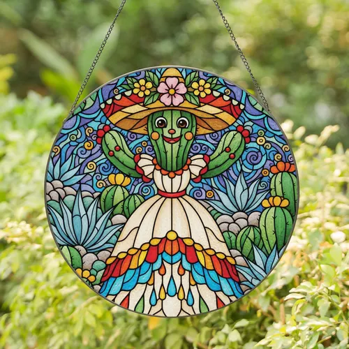 Saguaro Cactus Pink Flower Sombrero Dress Desert Flora Mosaic - Home Decor Gift Stained Glass Suncatcher