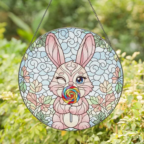 Winking Bunny Rainbow Lollipop Sky Clouds Foliage - Home Decor Gift for Bunny Lover Stained Glass Suncatcher
