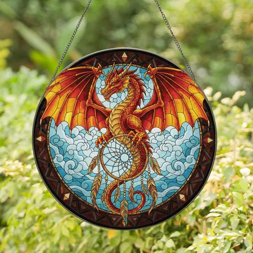 Fiery Winged Dragon Dreamcatcher Feathers - Fantasy Home Decor Gift for Dragon Lover Stained Glass Suncatcher