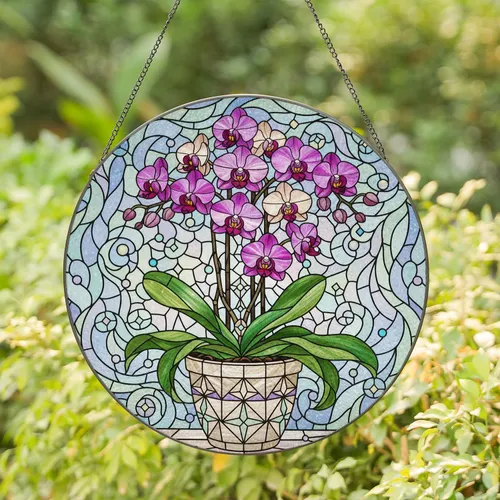 Jewel Tone Potted Phalaenopsis Orchid Flowers Mosaic - Home Decor Gift for Botanical Lover Stained Glass Suncatcher