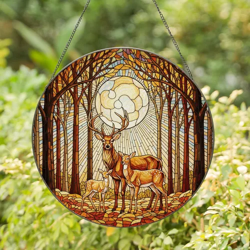 Stag Doe Fawn Antlers Luminous Sky Autumn Forest - Home Decor Gift for Wildlife Lover Stained Glass Suncatcher
