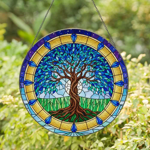 Tree Of Life Golden Jewels Starry Sky Moon - Home Decor Gift For Nature Lover Stained Glass Suncatcher
