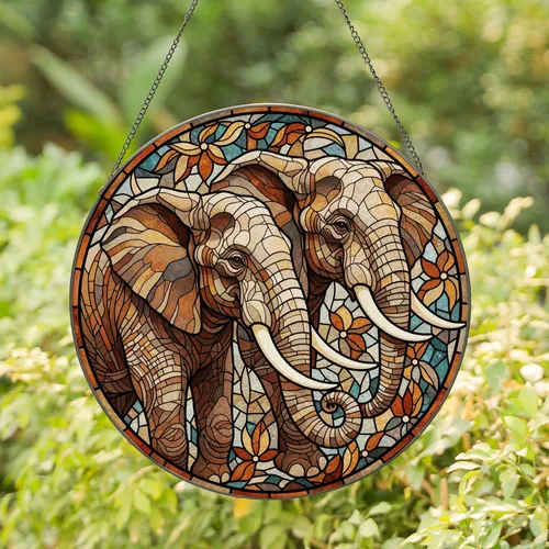 Fragmented Stained Glass Mosaic Elephant Heads - Wildlife Lover Home Decor Gift Stained Glass Suncatcher