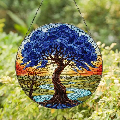 Twisted Gnarled Tree River Rolling Hills Landscape - Nature Lover Home Decor Gift Stained Glass Suncatcher