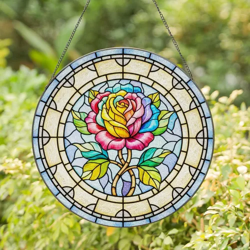 Rainbow Rose Stained Glass Mosaic Leaves Curling Stems - Home Decor Gift Stained Glass Suncatcher