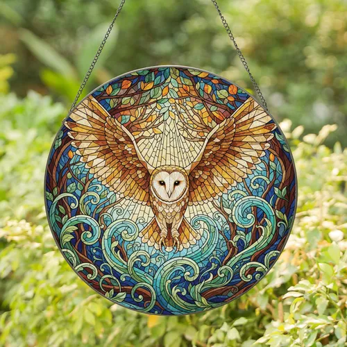 Jewel-Toned Soaring Barn Owl Stained Glass Forest - Home Decor Gift Stained Glass Suncatcher