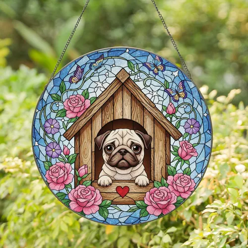Fawn Pug Dog House Stained Glass Pink Roses Butterflies - Dog Lover Home Decor Gift Stained Glass Suncatcher