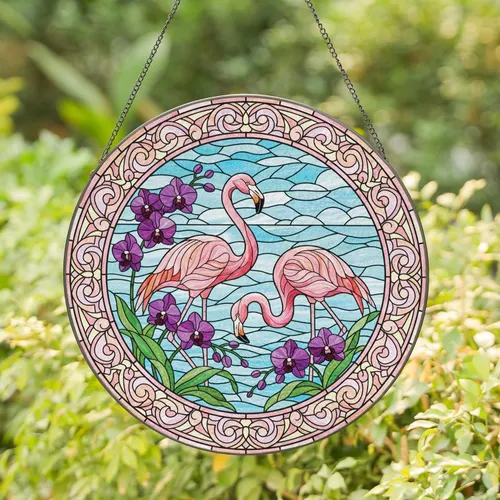 Interacting Flamingos Purple Orchid Tropical Sky - Home Decor Gift for Flamingo Lover Stained Glass Suncatcher