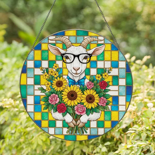 White Goat Eyeglasses Bow Tie Flower Bouquet - Farmhouse Home Decor Gift Stained Glass Suncatcher