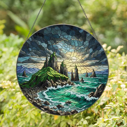 Coastal Landscape Basalt Columns Sea Stacks Emerald Waves Storm Clouds Sunbeams - Home Decor Gift Stained Glass Suncatcher