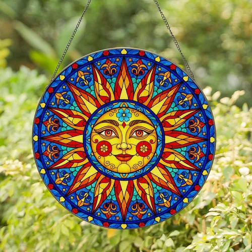 Smiling Sun Face Sunbeams Floral Celestial Shapes - Home Decor Gift Stained Glass Suncatcher