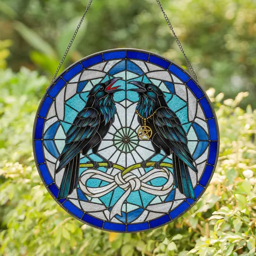 Stained Glass Ravens Pentagram Dreamcatcher - Home Decor Gift for Raven Lover Stained Glass Suncatcher