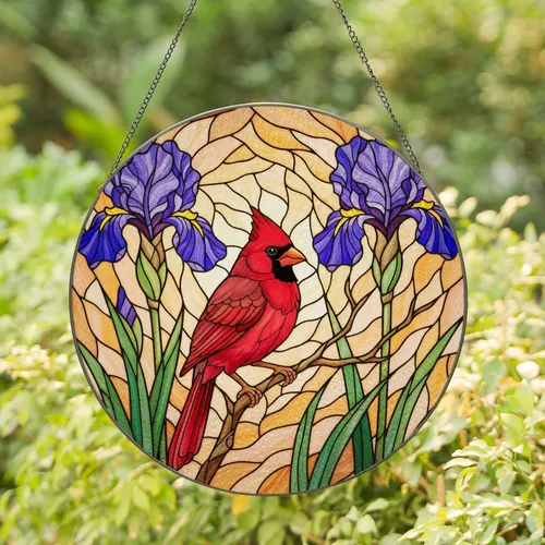 Red Cardinal Bird Purple Iris Flowers Sunny Day Mosaic - Home Decor Wildlife Gift Stained Glass Suncatcher