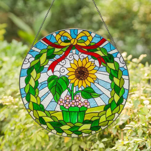 Sunflower Plant Pot Pink Flowers Scalloped Wreath Sky - Plant Lover Gift Stained Glass Suncatcher