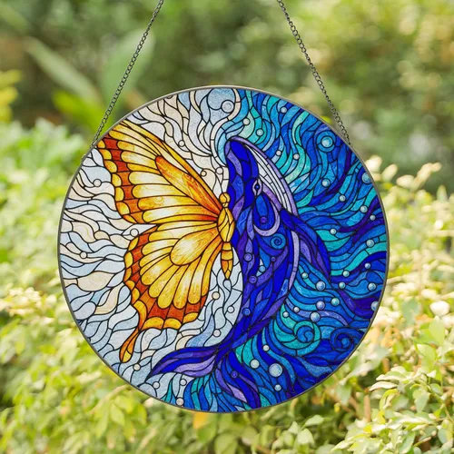 Butterfly Whale Elegant Wing Tail Fin Ocean Depths Sky - Home Decor Gift for Ocean Lovers Stained Glass Suncatcher