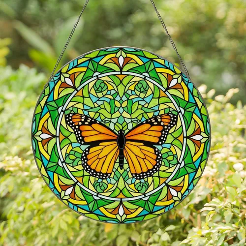Monarch Butterfly Jewel Tone Floral Mosaic - Wildlife Home Decor Gift for Butterfly Lovers Stained Glass Suncatcher