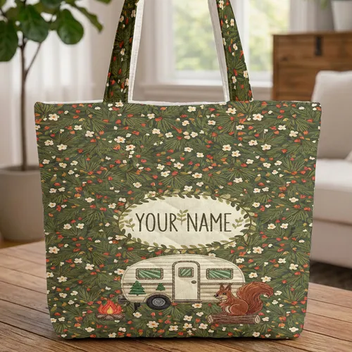 Camping Travel Trailer Campfire Squirrel Leaf Garland - Travel Essentials Gift Quilted Tote Bag