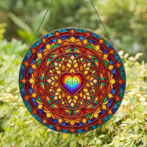 Tiffany Glass Rainbow Heart Concentric Rings Metallic Frame Home Decor Gift Stained Glass Suncatcher