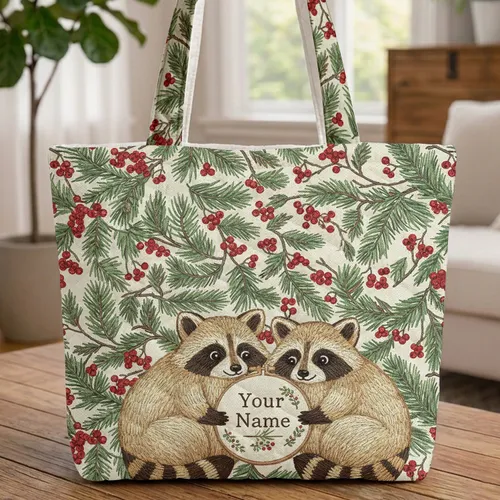Raccoons Pine Branches Red Berries - Wildlife Lover Gift for Raccoon Lovers Quilted Tote Bag