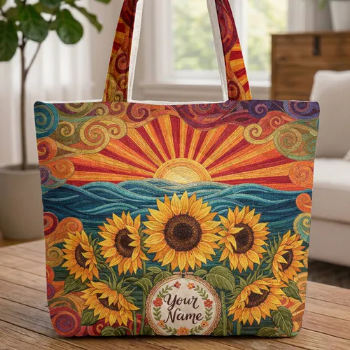 Sunflowers Sunset Ocean Waves Personalized Name Hoop - Everyday Carry Gift Quilted Tote Bag
