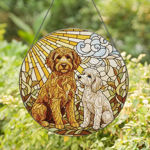 Tiffany Style Stained Glass Two Affectionate Curly Dogs - Home Decor Gift for Dog Lover Stained Glass Suncatcher