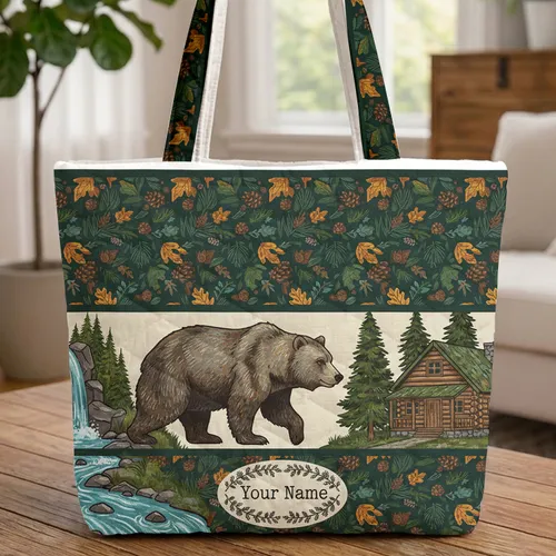 Grizzly Bear Log Cabin Waterfall Personalized Name - Wildlife Lover Everyday Carry Gift Quilted Tote Bag