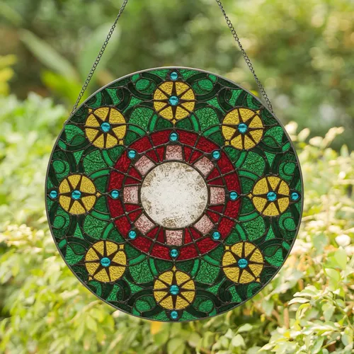 High Contrast Glowing Jewel Star Medallion Shapes Circular Panel - Home Decor Gift Stained Glass Suncatcher