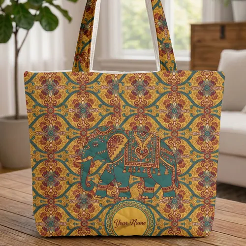 Decorated Indian Elephant Paisley Floral Geometric - Everyday Carry Travel Essentials Gift Quilted Tote Bag