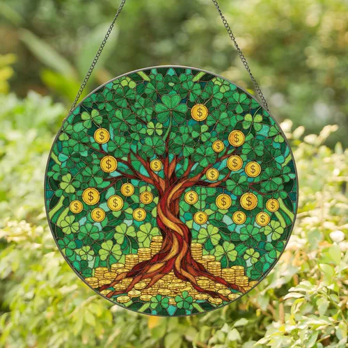 Stacked Gold Coins Gnarled Trunk Money Tree Four Leaf Clover - Home Decor Gift Stained Glass Suncatcher