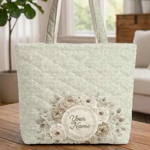 Peony Rose Eucalyptus Floral Vines Personalized - Everyday Carry Gift for Her Quilted Tote Bag