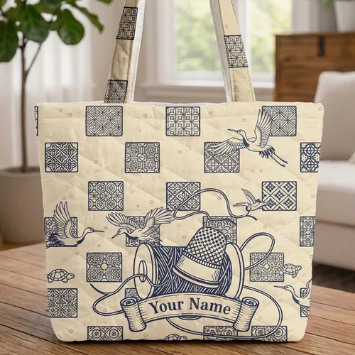 Vintage Thimble Spool Thread Cranes Turtles - Everyday Carry Gift Quilted Tote Bag