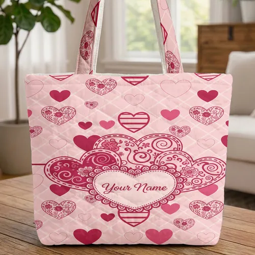 Personalized Name Heart Cartouche Ornate Scattered Floral Hearts - Everyday Carry Gift for Her Quilted Tote Bag