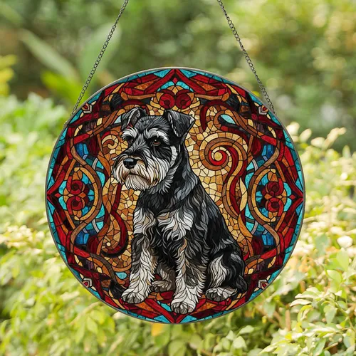 Luminous Miniature Schnauzer Dog Geometric Mosaic - Dog Lover Pet Owner Home Decor Gift Stained Glass Suncatcher