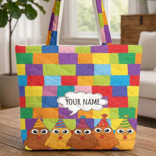 Color Block Round Eyes Pointed Beaks Five Chickens Party Hats Speech Bubble Market Day Gift Quilted Tote Bag