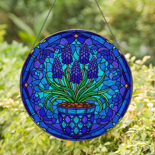 Grape Hyacinth Plant Pot Stained Glass Geometric Mosaic - Home Decor Gift Stained Glass Suncatcher