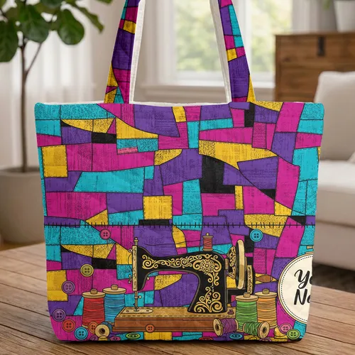 Ornate Vintage Sewing Machine Personalized Hoop Crafter Gift Quilted Tote Bag