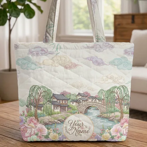 Waterside Village Scene Willow Trees Blooming Flowers - Everyday Carry Gift Quilted Tote Bag