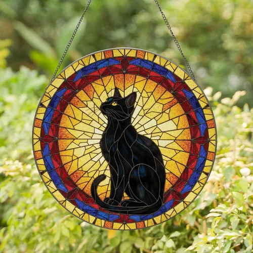 Black Cat Golden Sun Circular Geometric Segments - Home Decor Gift for Cat Lover Stained Glass Suncatcher