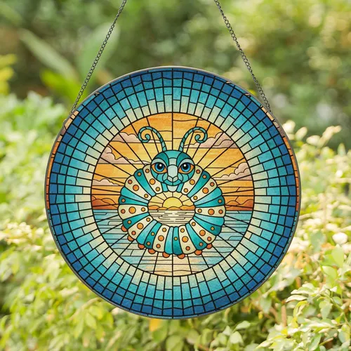 Coiled Caterpillar Sunset Vista Clouds Water - Everyday Home Decor Gift for Insect Lovers Stained Glass Suncatcher