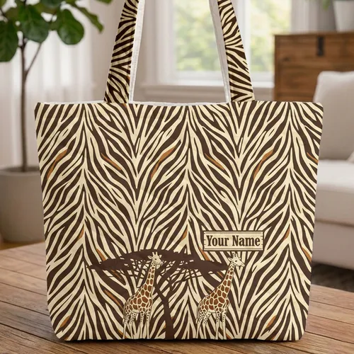 Giraffe Acacia Tree Zebra Stripe Personalized Everyday Carry Gift Quilted Tote Bag