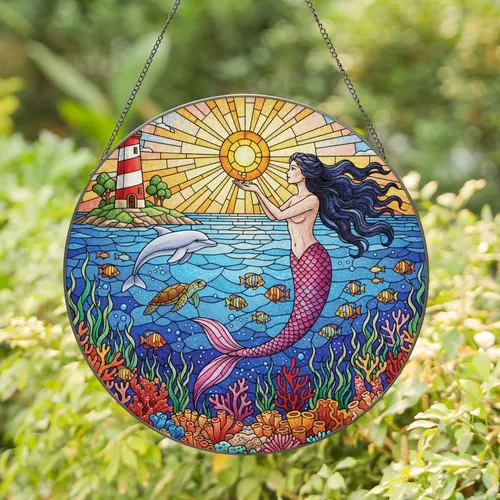 Graceful Mermaid Lighthouse Dolphin Sea Turtle Ocean Coral Reef - Home Decor Gift Stained Glass Suncatcher