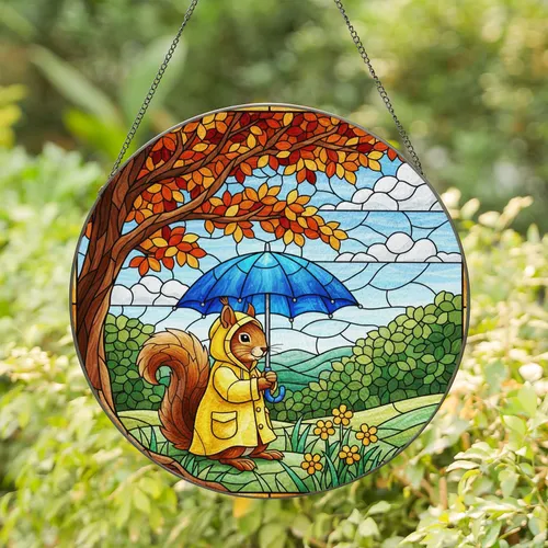 Squirrel Yellow Raincoat Blue Umbrella Autumn Forest Home Decor Gift for Wildlife Lovers Stained Glass Suncatcher
