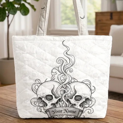 Ornate Skulls Swirling Smoke Personalized - Everyday Carry Gift Quilted Tote Bag
