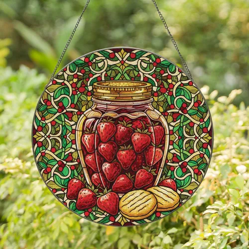 Strawberry Jam Jar Shortbread Cookies Leaf Berry - Kitchen Decor Gift Stained Glass Suncatcher