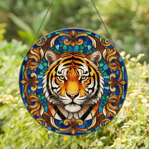 Tiger Head Stained Glass Golden Eyes Scrolling Border - Wildlife Lover Home Decor Gift Stained Glass Suncatcher