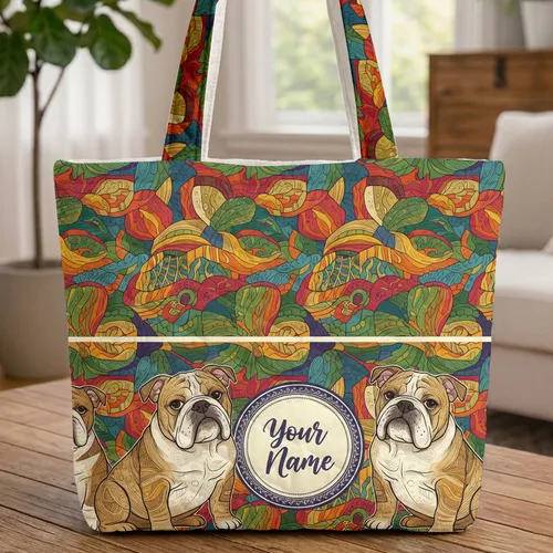 Three Sitting English Bulldogs Organic Landscape Everyday Carry Gift for Dog Moms Quilted Tote Bag