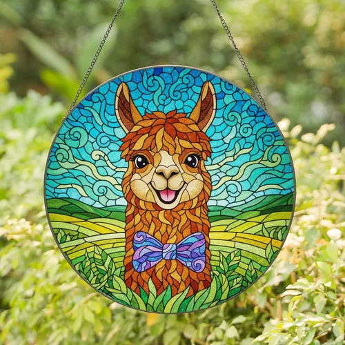 Smiling Llama Alpaca Head Purple Blue Bow Tie Blue Teal Sky Green Hills - Home Decor Gift Stained Glass Suncatcher