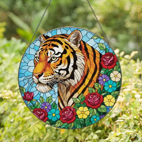 Tiger Head Blooming Roses Flowers Mosaic Sky - Home Decor Gift for Tiger Lover Stained Glass Suncatcher